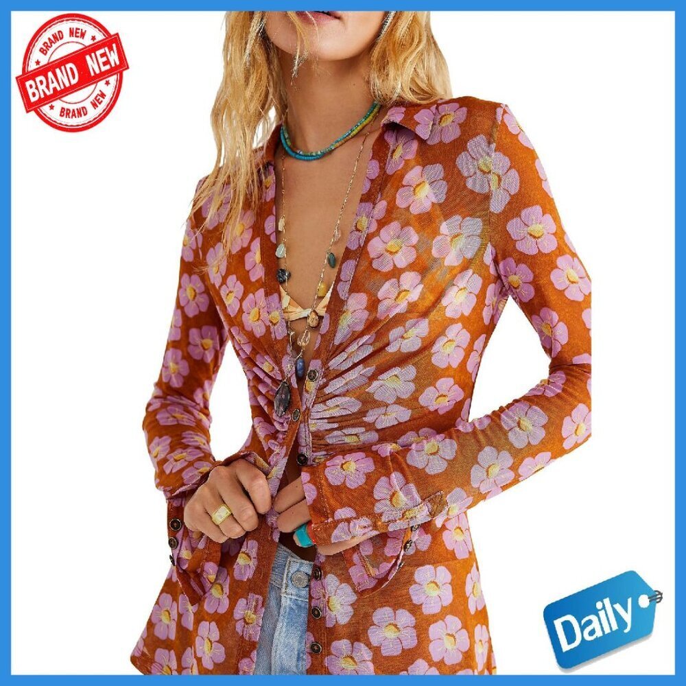 Long Sleeve Sheer Mesh Button Down Blouse V-Neck Fitted Y2K Top